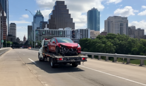 Congress | V.Valenzuela Law | V.Valenzuela Law Red sedan with front-end damage on a tow truck bed on a city highway with downtown skyscrapers in the background.