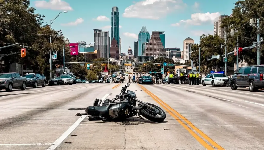 Motorcycle lying on its side in the middle of an urban street as officers and bystanders gather with a city skyline in the distance.