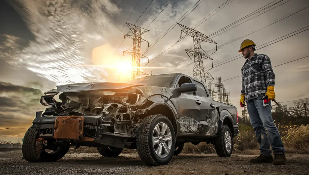 Construction worker in a yellow helmet and gloves stands beside a badly damaged black pickup truck at a power-line site during sunset.