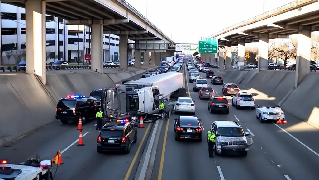 Overturned semi-truck blocking multiple lanes on a crowded highway with police and orange cones at the scene under an elevated roadway, many cars stopped or slowing down behind it