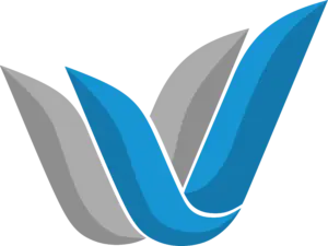 Abstract ribbon logo featuring overlapping blue and gray curved strips forming a stylized V against a black background.