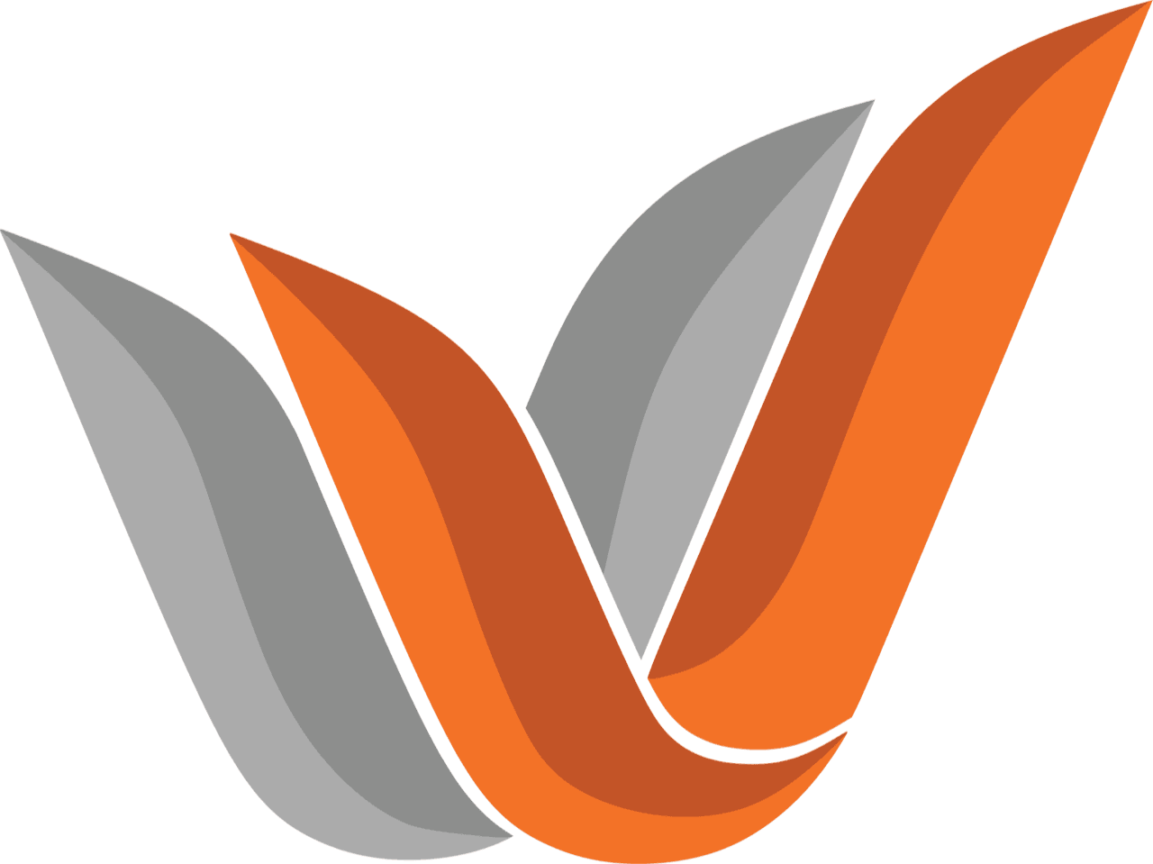 Stylized logo with overlapping orange and gray ribbons forming a V shape.