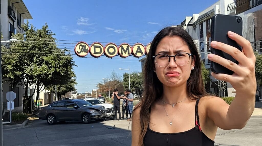 AustinDomainAccident | V.Valenzuela Law A young woman takes a selfie on a sunny street; behind her a car crash blocks the road under an arch sign reading INDOMA with bystanders nearby.