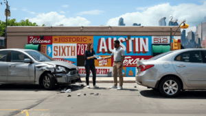 Austin Car Accident | V.Valenzuela Law | V.Valenzuela Law Two people stand on a city street in front of a bright mural that says Austin, with a damaged silver SUV on the left and a sedan on the right and debris on the ground.