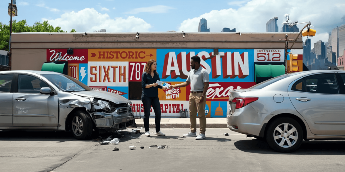 Two people stand on a city street in front of a bright mural that says Austin, with a damaged silver SUV on the left and a sedan on the right and debris on the ground.